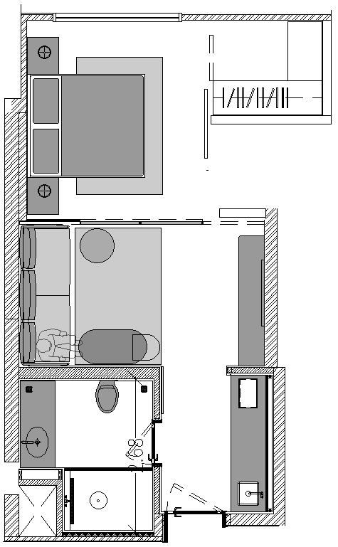 1BHK house furniture layout plan in DWG AutoCAD file