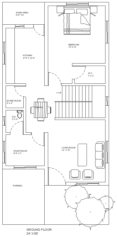 One bhk house plan with furniture on plot size of 24X50 ft DWGautoCAD drawing