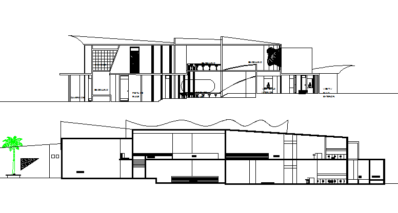 Open air music and night club house elevation and sectional details dwg file