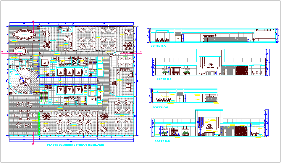 Open plan for office building with different axis section view dwg file
