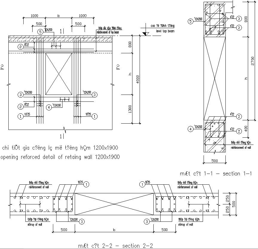 Opening reinforced detail of basement wall 1500x350, 1700x350, 1800x350