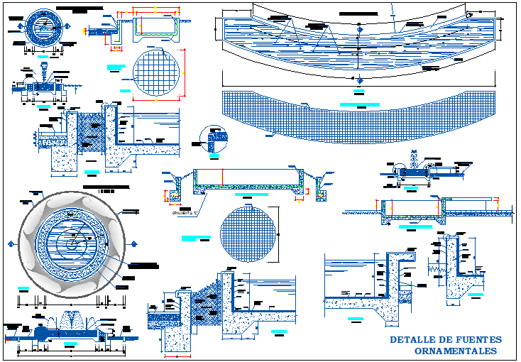 Ornamental fountain of garden constructive details dwg file
