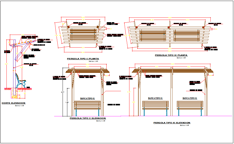 Outdoor Wooden Bench with Roof Structure in DWG File