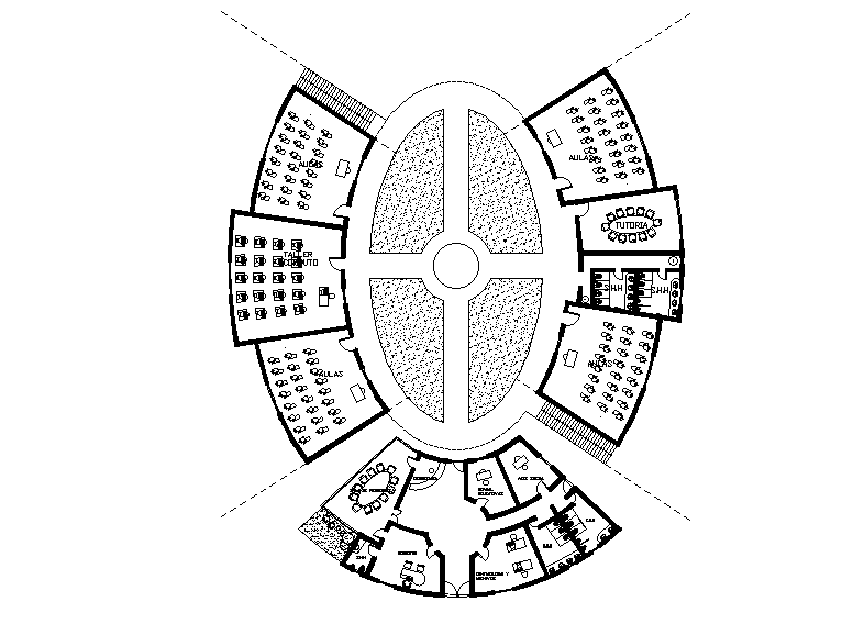 Oval shape college plan is given in this Autocad drawing file. Download now.