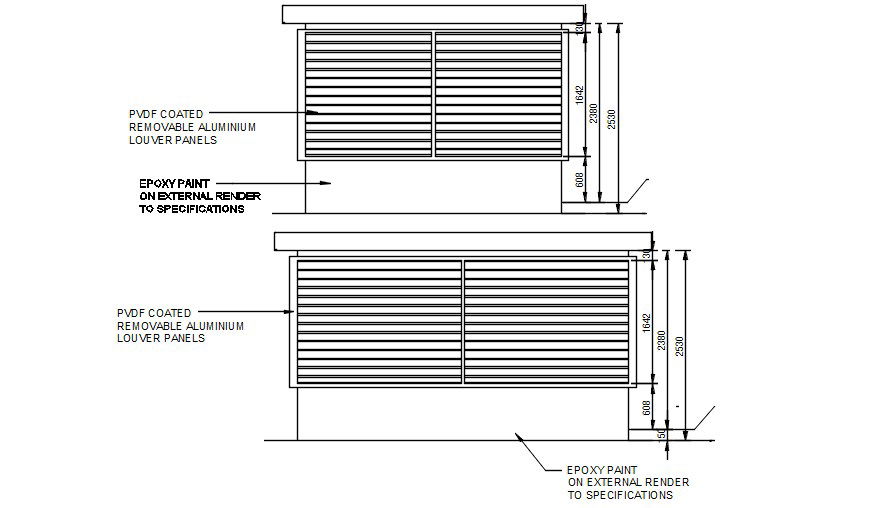 PVDF coated aluminum louver panels section details are provided in this AutoCAD DWG Drawing File. Download the CAD file now.