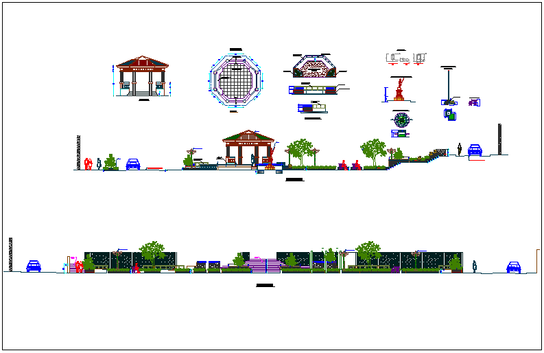 Park garden elevation view detail dwg file