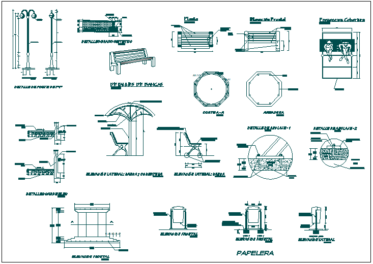 Park garden plan detail view with equipment detail dwg file