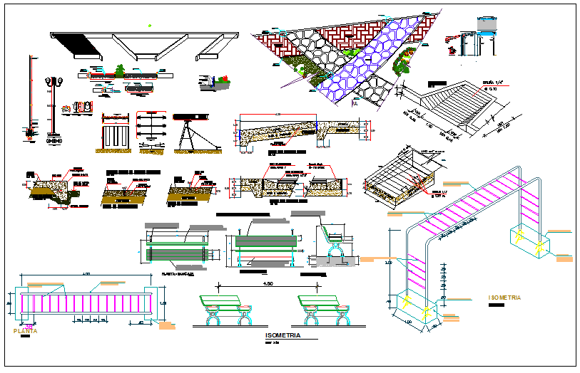 Park garden plan detail view with equipment detail dwg file