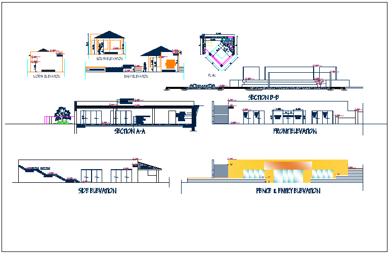 Park garden structure elevation and section view detail dwg file