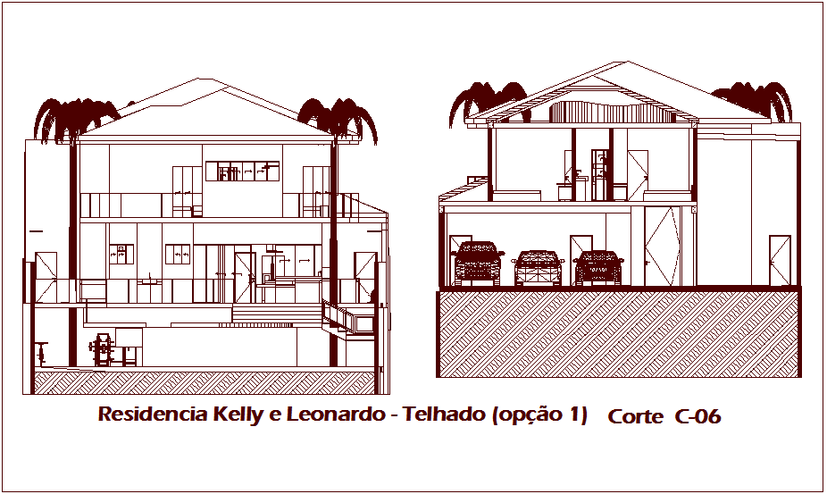 Parking view in sectional view of house design dwg file