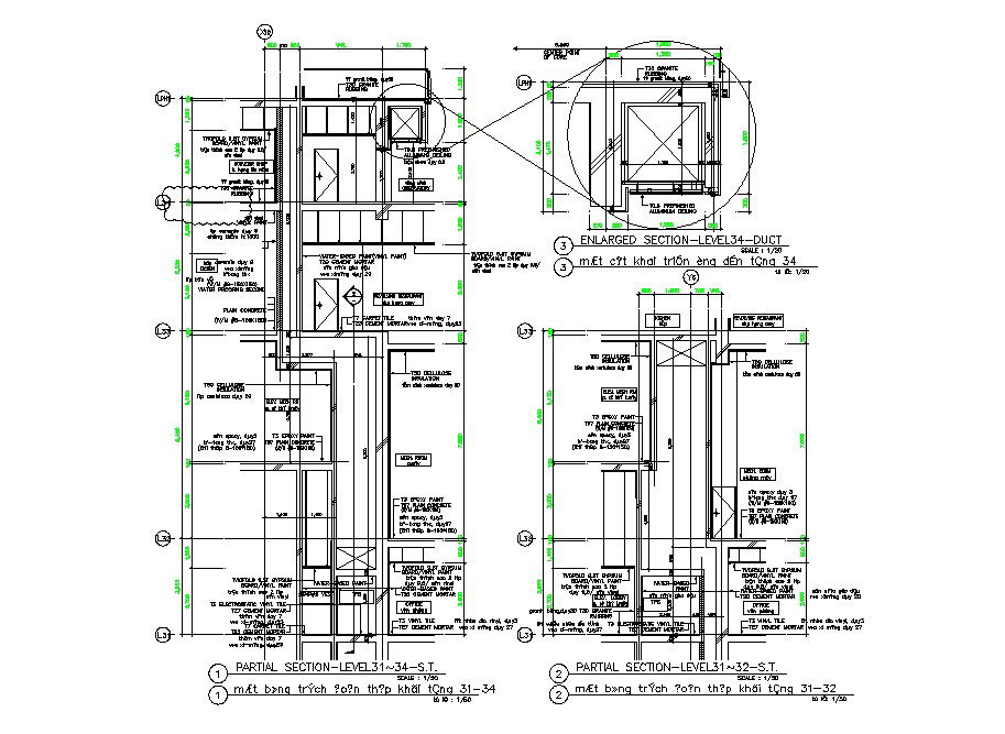 Partial constructive sectional details of multi-story building dwg file