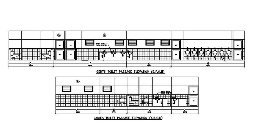 Passage elevation detail of gents and ladies toilet provided in this AutoCAD drawing file. Download this 2d AutoCAD drawing file.