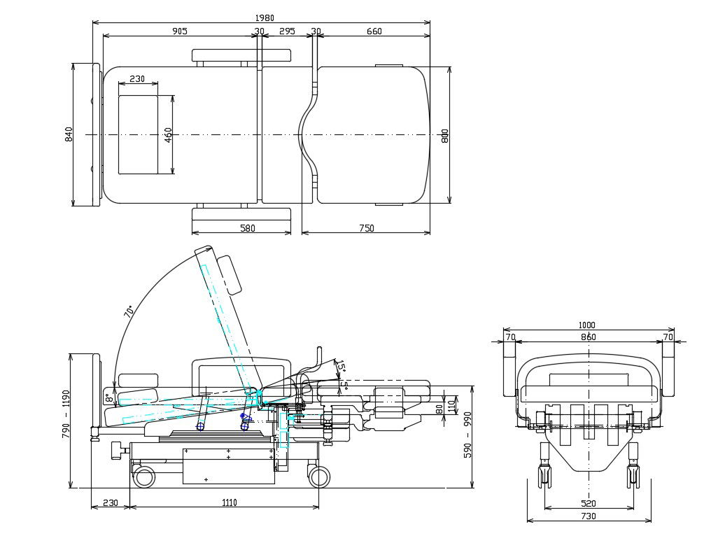 Patient desk chair elevation and section block details dwg file