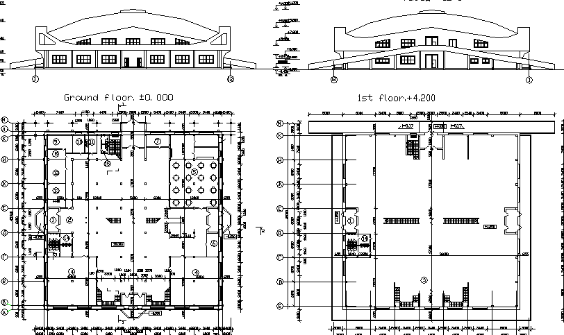 Pavilion shopping center elevation and floor plan layout details dwg file