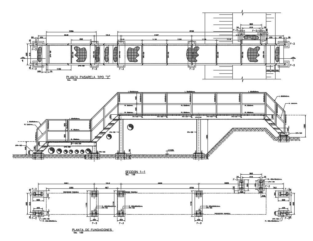 Pedestal foot bridge elevation, section and foundation plan details dwg file