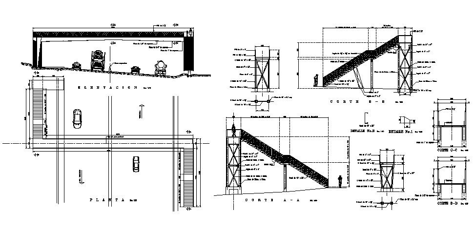 Pedestrian bridge section and constructive structure cad drawing details dwg file