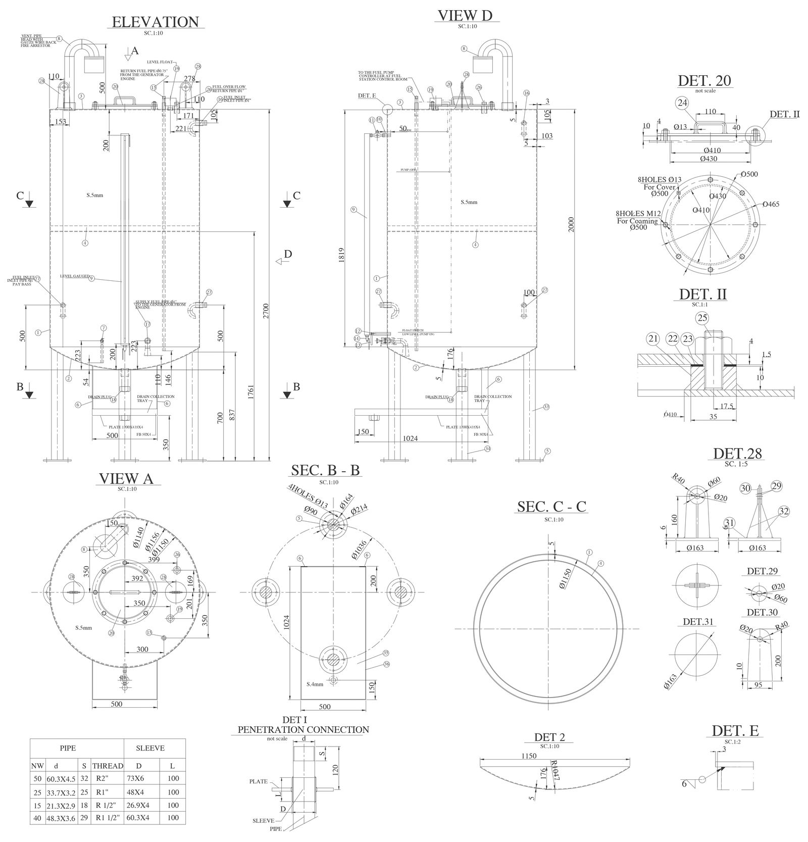 Penetration connection detail 1 with elevation section and all side view dwg autocad drawing .