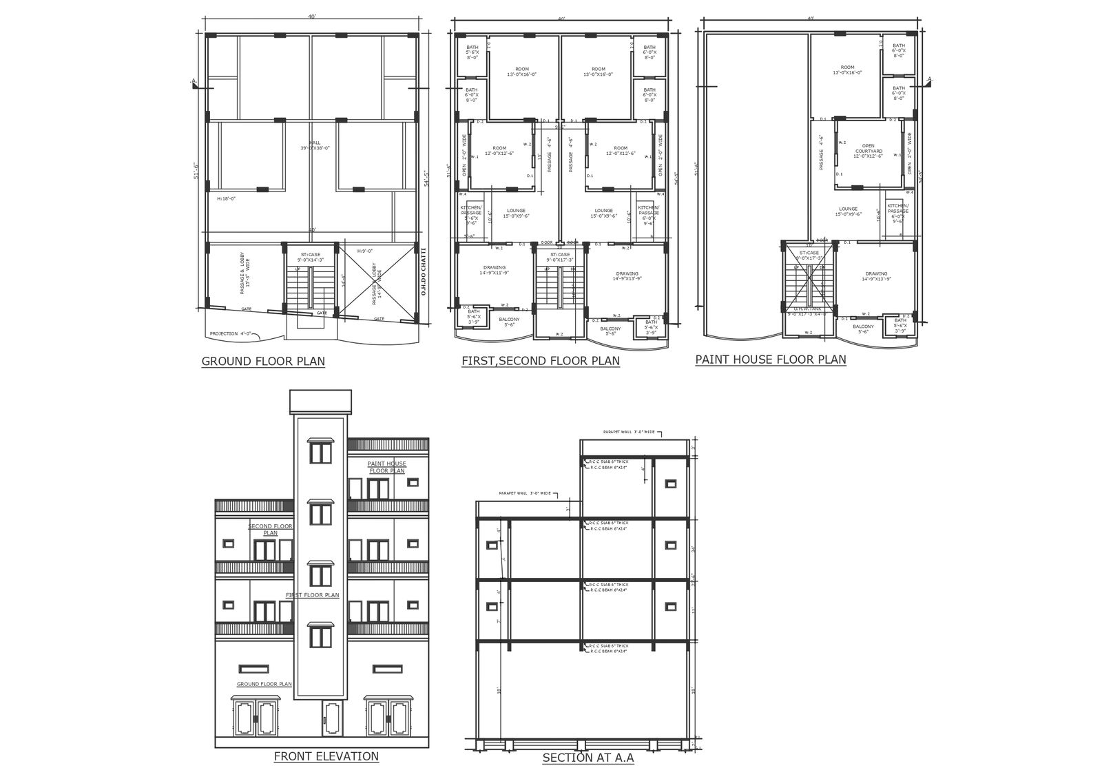 Penthouse design with elevation section and other details dwg autocad drawing .