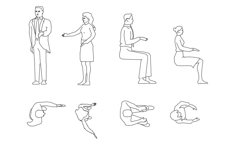 People Standing And Seating Elevation CAD Blocks Free Drawing