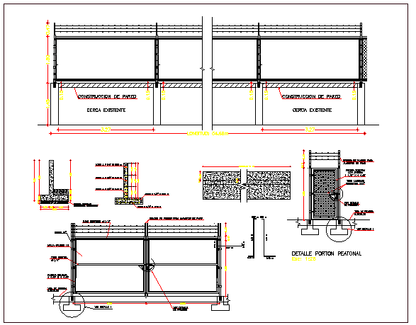 Perimeter fence of garden elevation, section and construction details dwg file