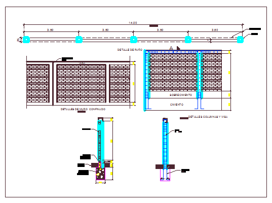 Perimeter fence of garden elevation and sectional view dwg file