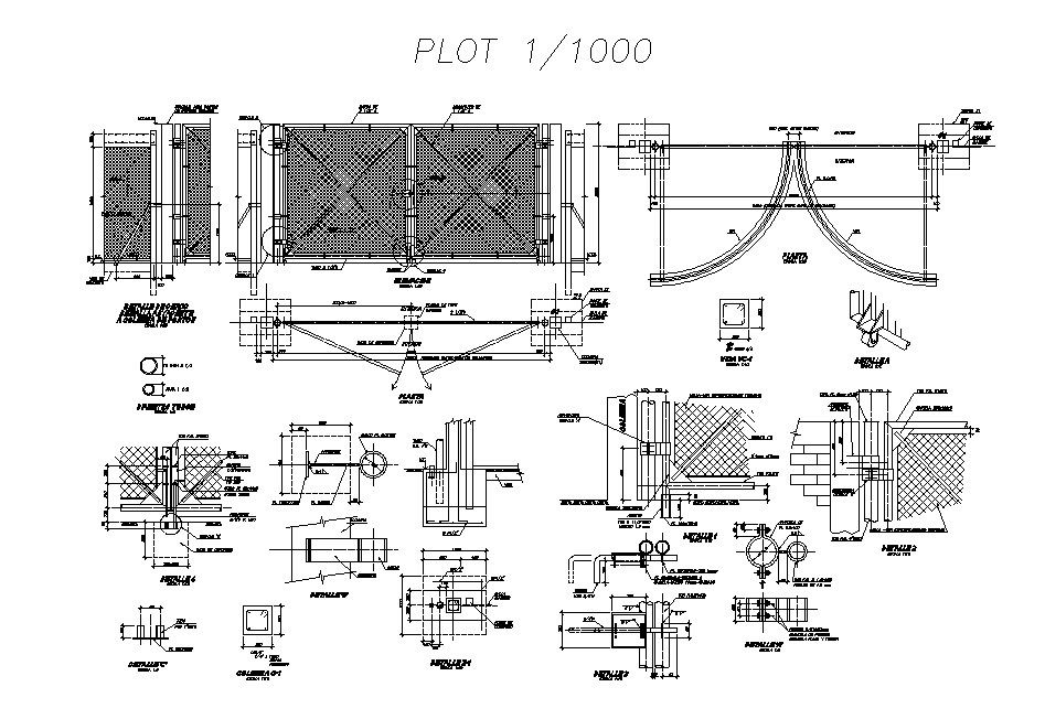 Perimeter iron fence section and constructive structure details dwg file