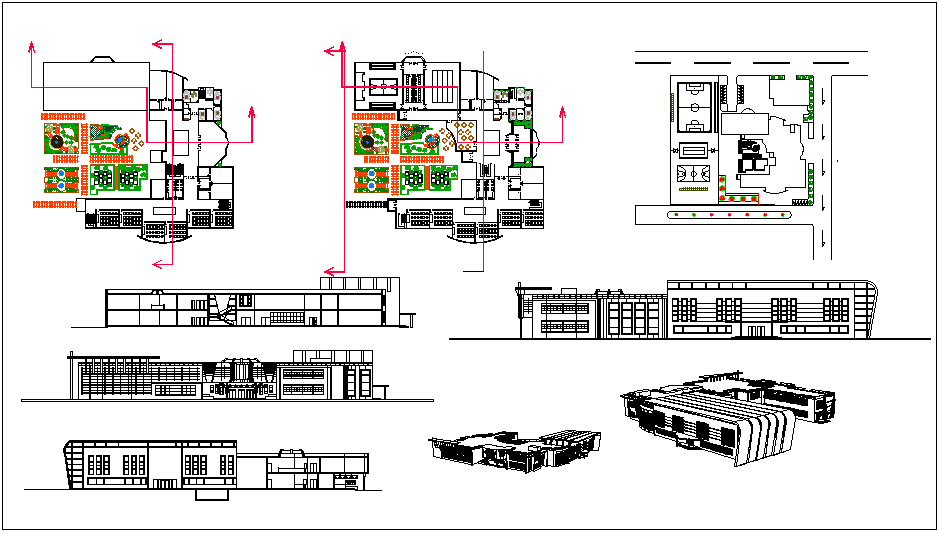 Perspective and isometric view with plan and elevation of school design dwg file