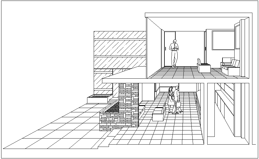 Perspective view of hotel area with interior view dwg file