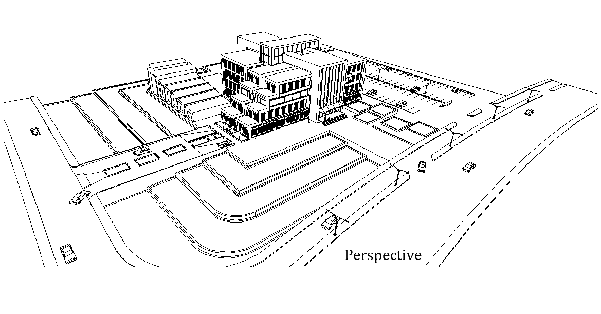 Perspective view of 57x50m municipal office plan is given in this Autocad drawing file.Download the Autocad model.