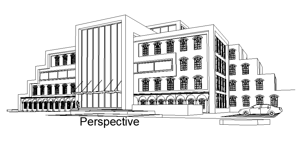 Perspective view of the building is given in this Autocad model. Download now.