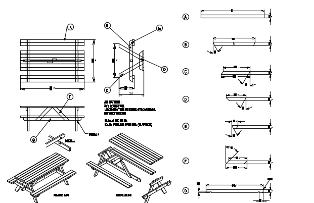 Picnic bench design details dwg file