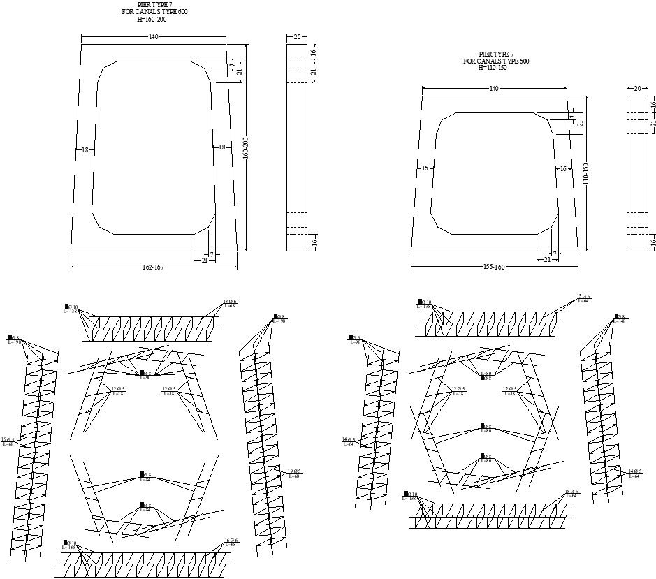 Pier type 7 For canal type 600 in AutoCAD, Dwg files.