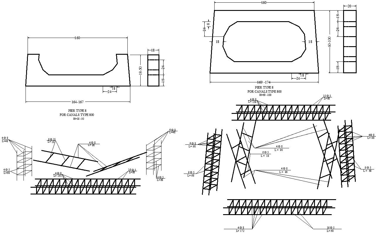 Pier type 8 For canal type 600 in AutoCAD, Dwg files.