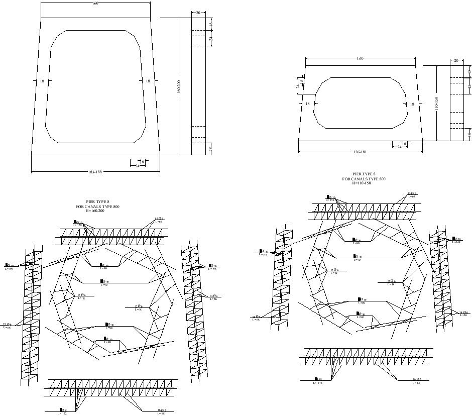 Pier type 8 For canal type 800 in AutoCAD, Dwg files.