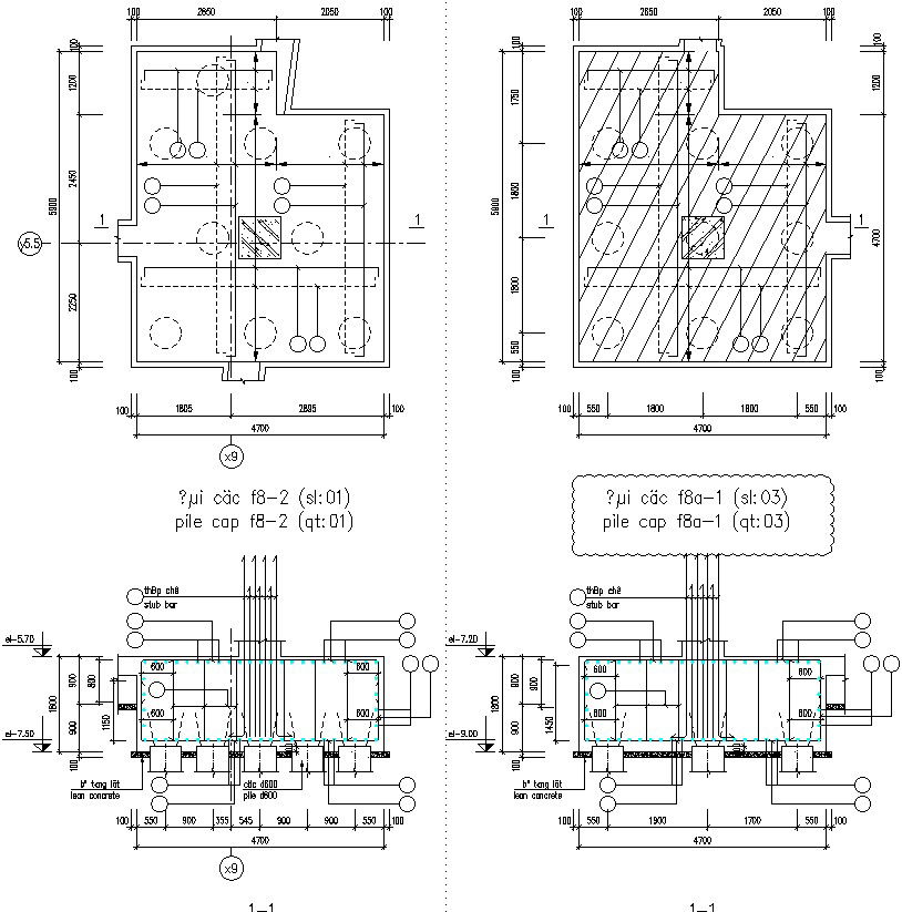 Pile Cap and Stub column plan and section drawing.