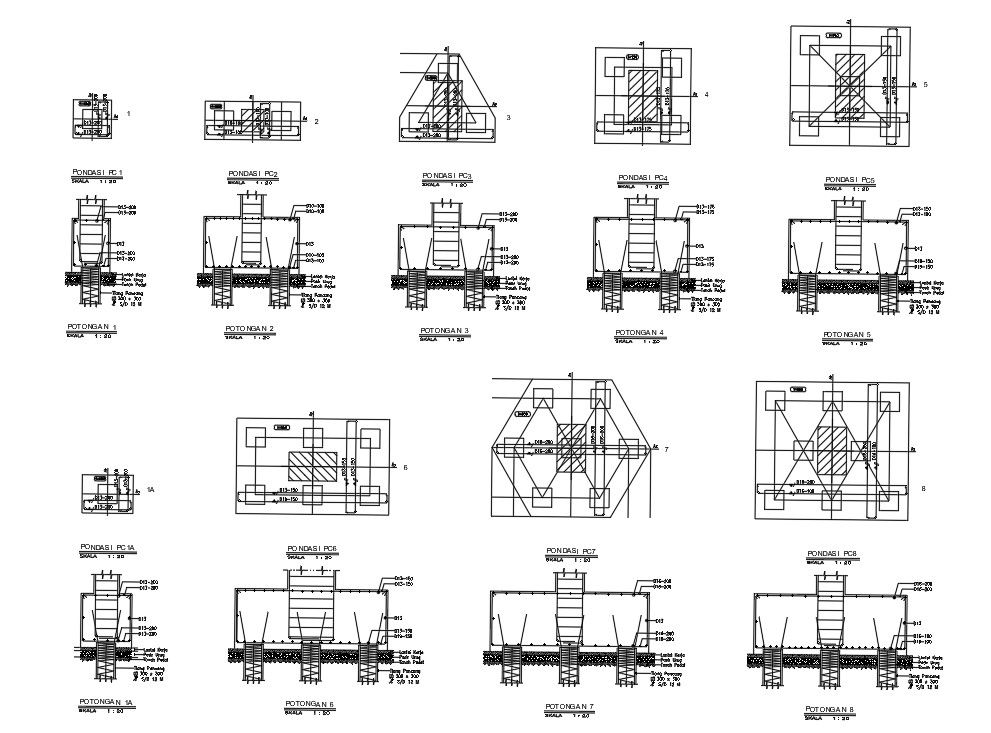 Pile Cap Detail Section Designs in AutoCAD 2D DWG Drawing