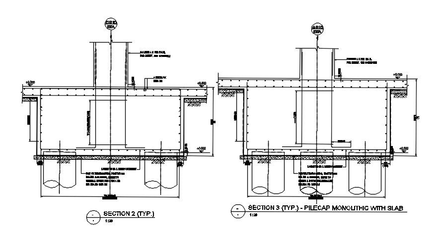 Pile cap monolithic with slab typical section details is given in this AutoCAD Drawing File. Download the  AutoCAD file now. 