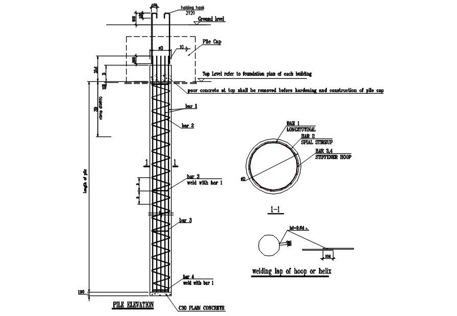 Pile elevation design in AutoCAD 2D drawing, dwg file, CAD file