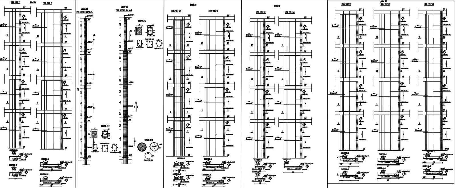 Pillar and wall sections design with reinforcement details in AutoCAD 2D drawing, CAD file, dwg file