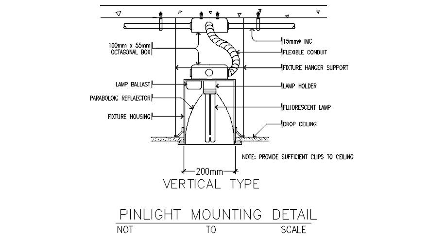 Pinlight mounting detail drawing derived in this Autocad file. Download this 2d AutoCAD drawing file.