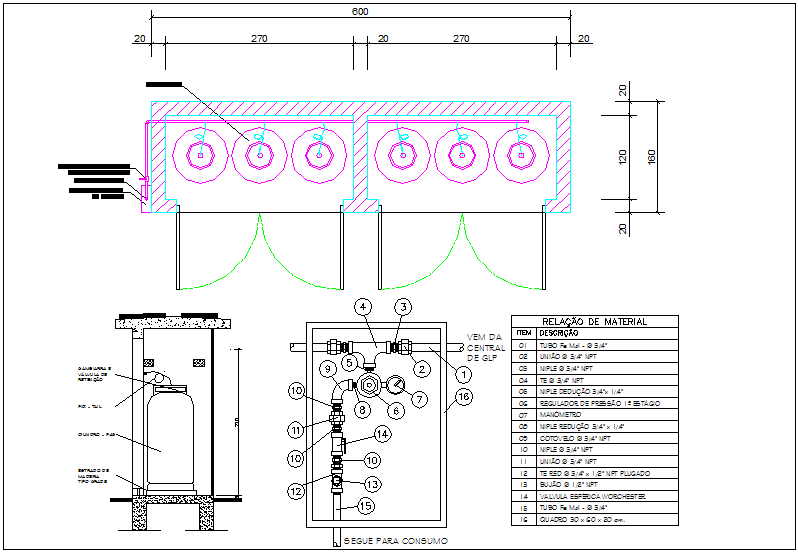 Pipe line system view of gas with cylinder view for hospital dwg file 