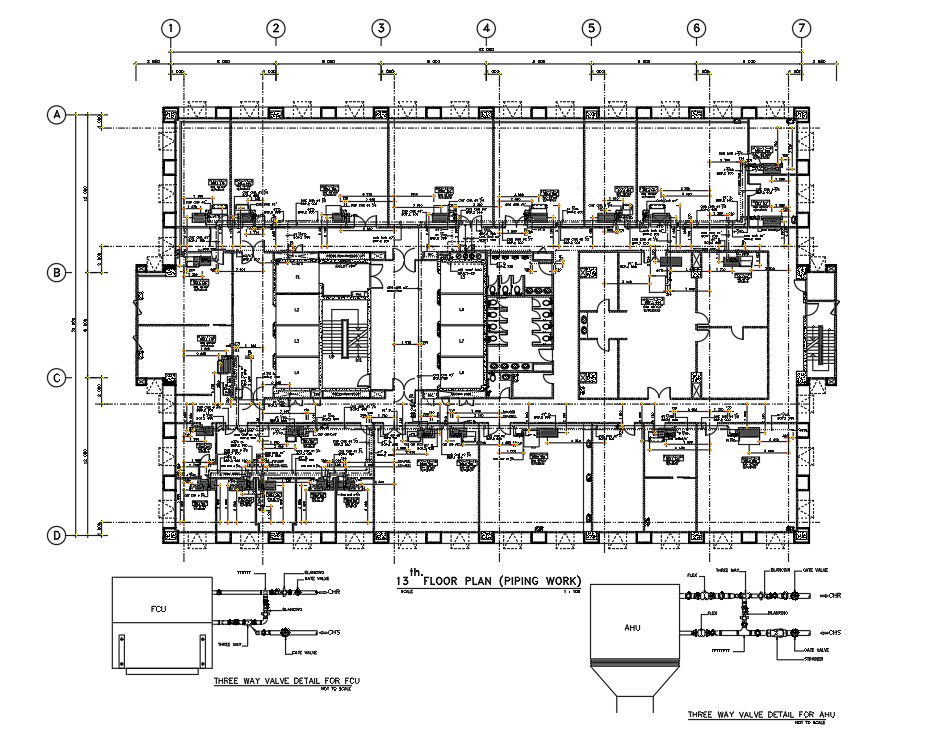 Pipe line details are given for the 13th floor of hospital building in the Autocad DWG drawing file. Download the Autocad DWG drawing file.