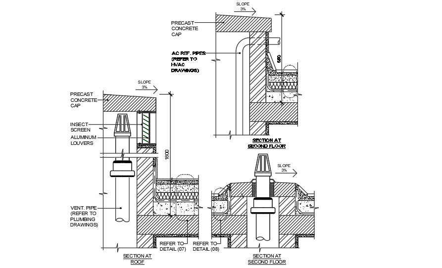 Pipeline section is given for each floor in this AutoCAD drawing model