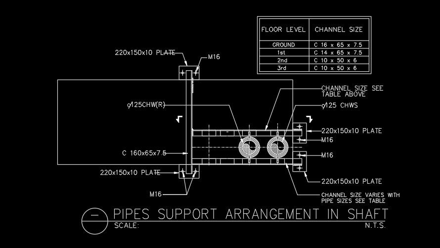 Pipe support arrangement in shaft AutoCAD drawing