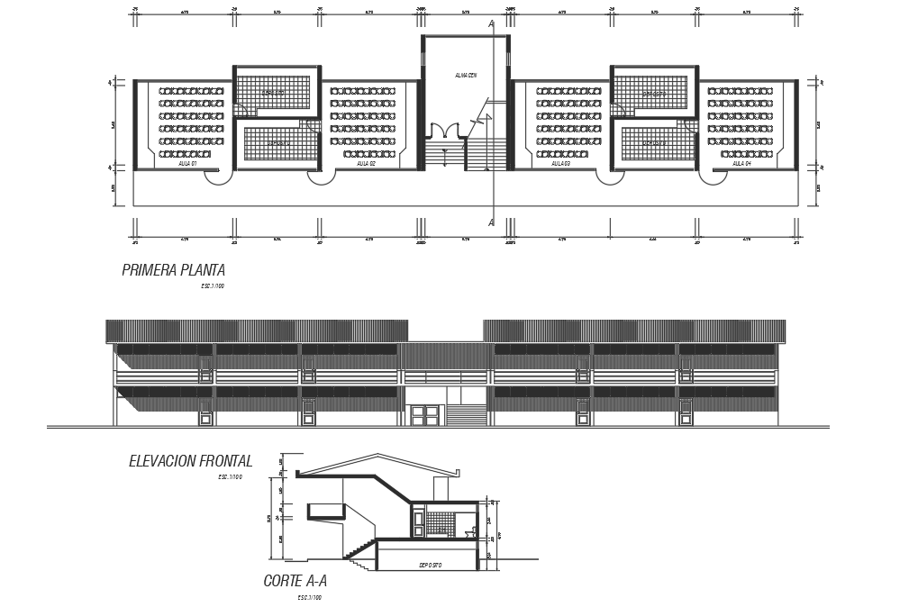 Plan, elevation and section college detail dwg file