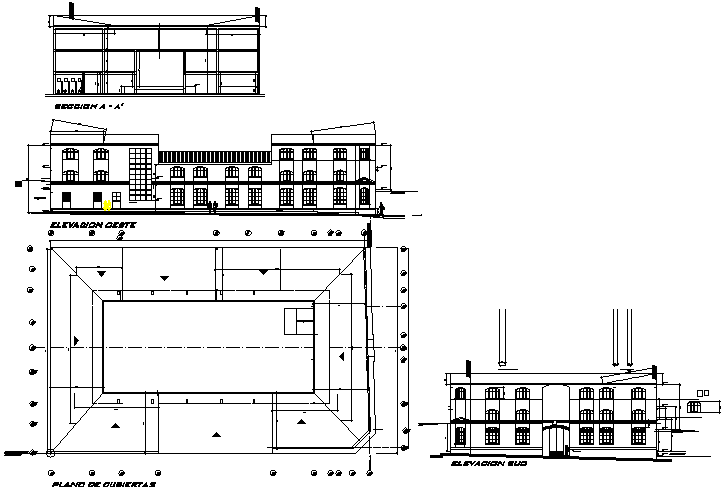 Plan, elevation and section commercial layout plan detail dwg file