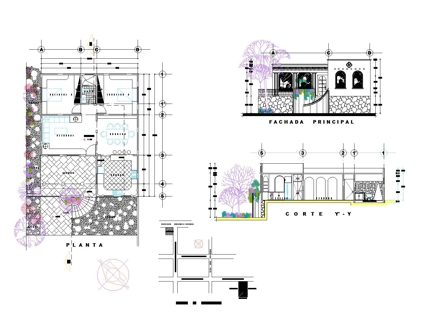 Plan, elevation and section family house dwg file