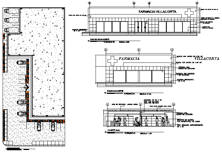 Plan, elevation and section farmacy detail dwg file