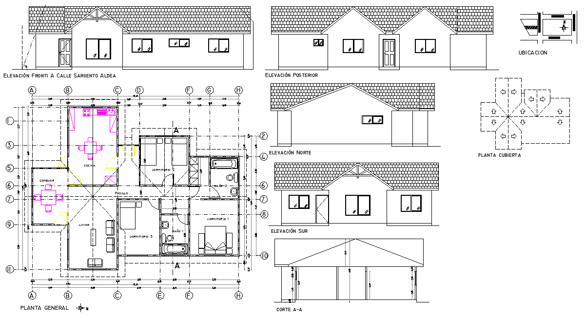 Plan, elevation and section house 127 m3 detail autocad file