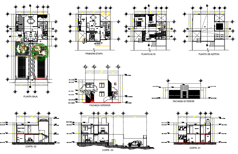 Plan, elevation and section house autocad file